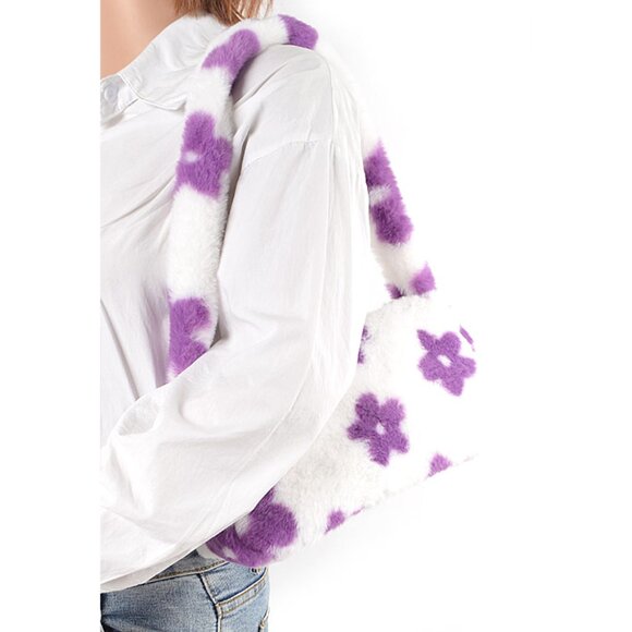 BNWT Faux Fur Flower Printed Plushy Shoulder Bag - Picture 3 of 5